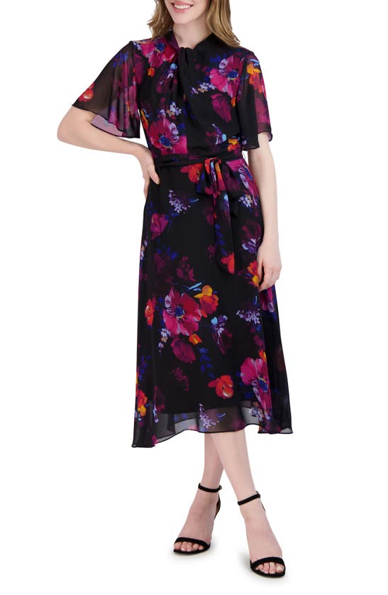Donna Ricco Women's Floral-print Belted Flutter-sleeve Dress In Black Multi