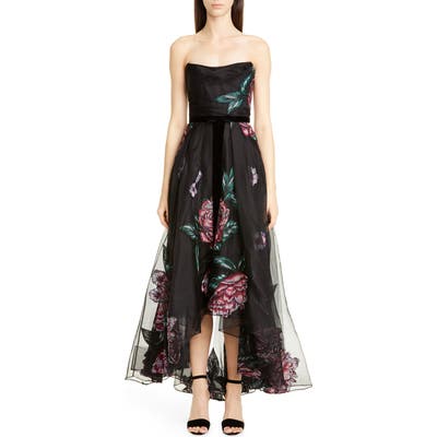 Marchesa Notte Strapless Embroidered High/low Gown, Black