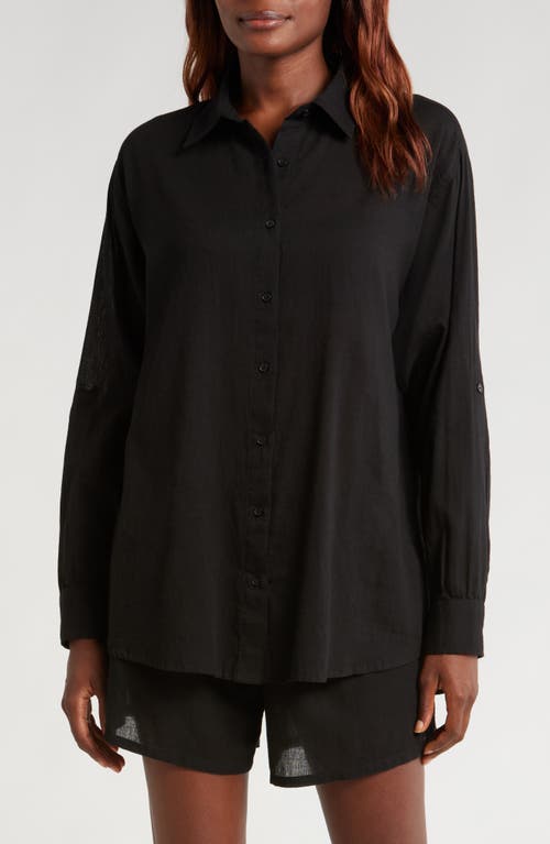 Shop Elan Cotton Button-up Cover-up Shirt In Black