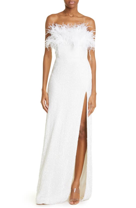 Retroféte Dolly Beaded Feather Trim Strapless Maxi Dress In Moonglow White