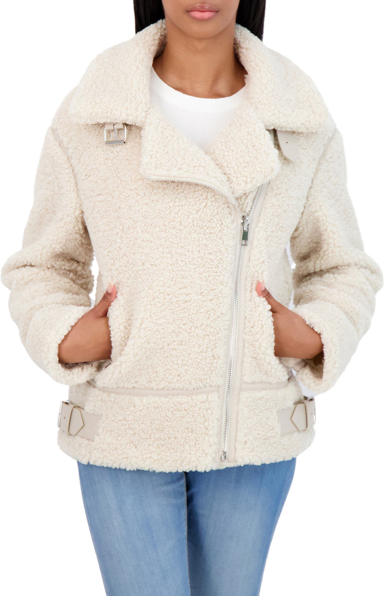 Sebby Collection Teddy Faux Fur Reversible Aviator Jacket In Ecru