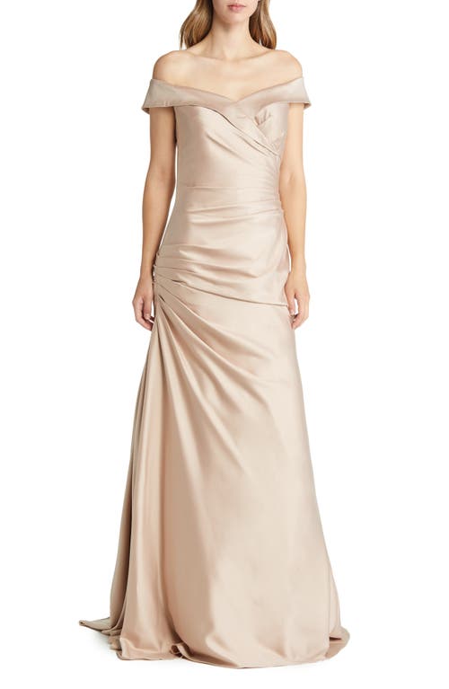 La Femme Off the Shoulder Ruched Satin Trumpet Gown in Champagne