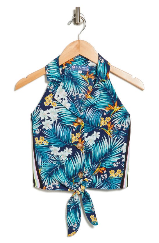 Shop Truly Me Kids' Tropical Sleeveless Tie Front Top In Navy Multi