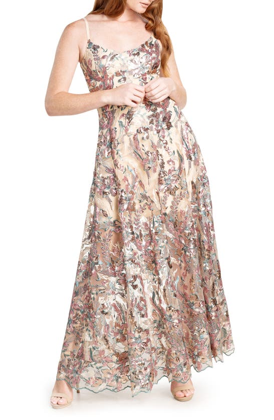 Shop Dress The Population Umalina Sequin Floral Fit & Flare Gown In Beige/ Lavender Multi