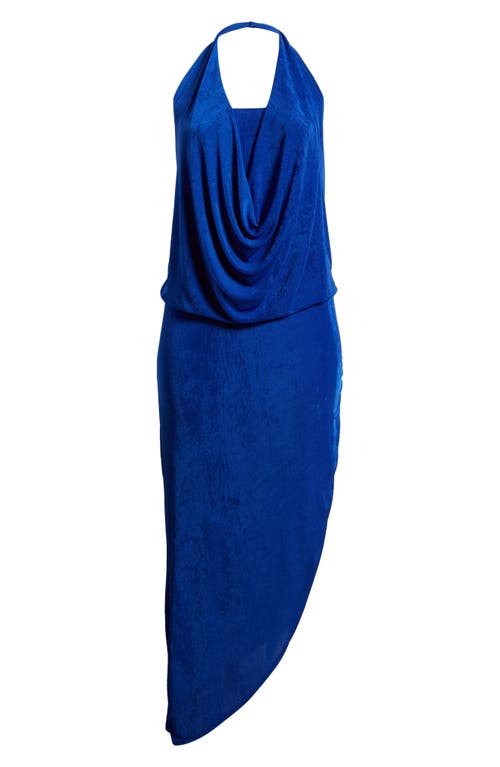 24seven Comfort Apparel Cowl Neck Asymmetric Hem Stretch Dress In Blue