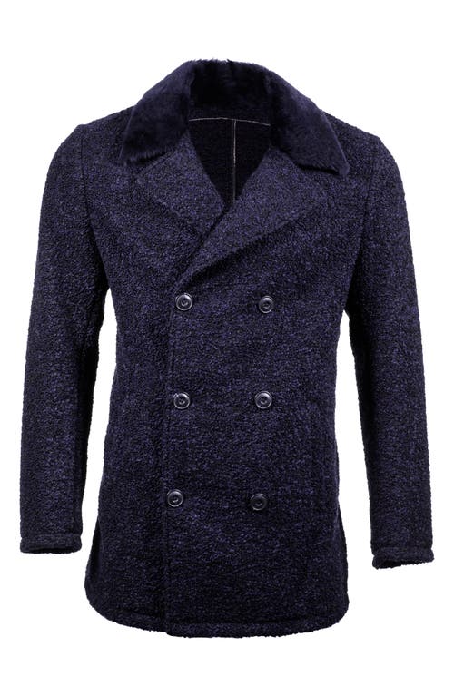 Comstock & Co. Double Breasted Wool Blend Bouclé Jacket with Shearling Trim in Navy