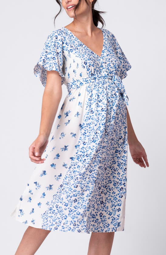 Shop Seraphine Floral Flutter Sleeve Maternity/nursing Dress In Blue Floral