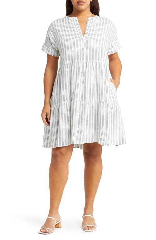 caslon(r) Stripe Tiered Linen Blend Dress in Ivory- Blue Sandy Stripe