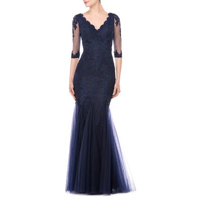 Marsoni Godet Lace & Chiffon Trumpet Gown, 0 (similar to 20W) - Blue