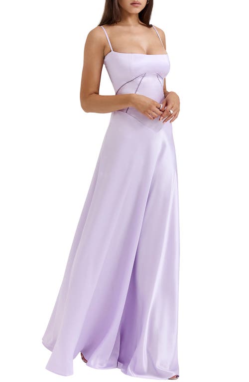 House Of Cb Anabella Lace-up Satin Gown In Pastel Lilac