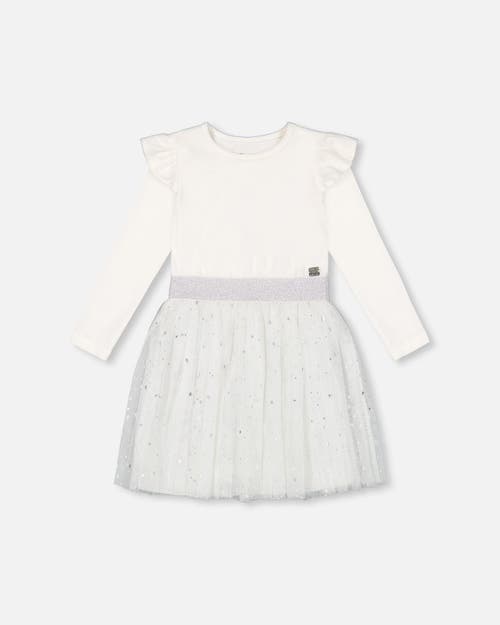 Deux Par Deux Kids'  Girl's Long Sleeve Dress With Glittering Tulle Skirt Off White