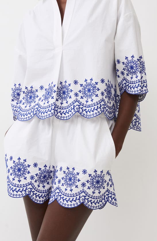 Shop French Connection Alissa Embroidered Cotton Shorts In Linen White/ Blue