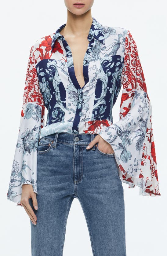 Shop Alice And Olivia Willa Mixed Floral Bell Sleeve Satin Top In Blue
