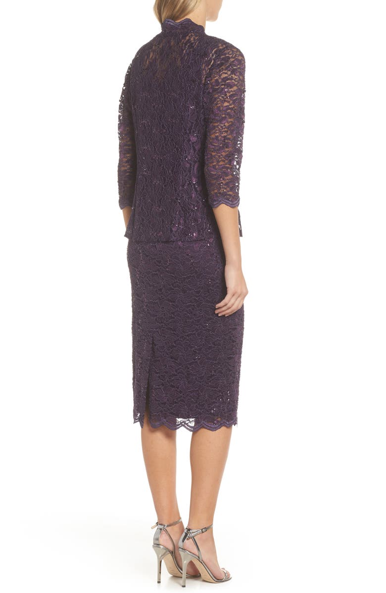 Alex Evenings Lace Cocktail Dress with Jacket, Alternate, color, Eggplant