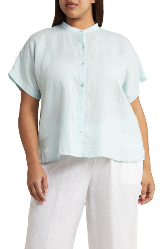 Eileen Fisher Band Collar Linen Button-up Shirt In Clear Water