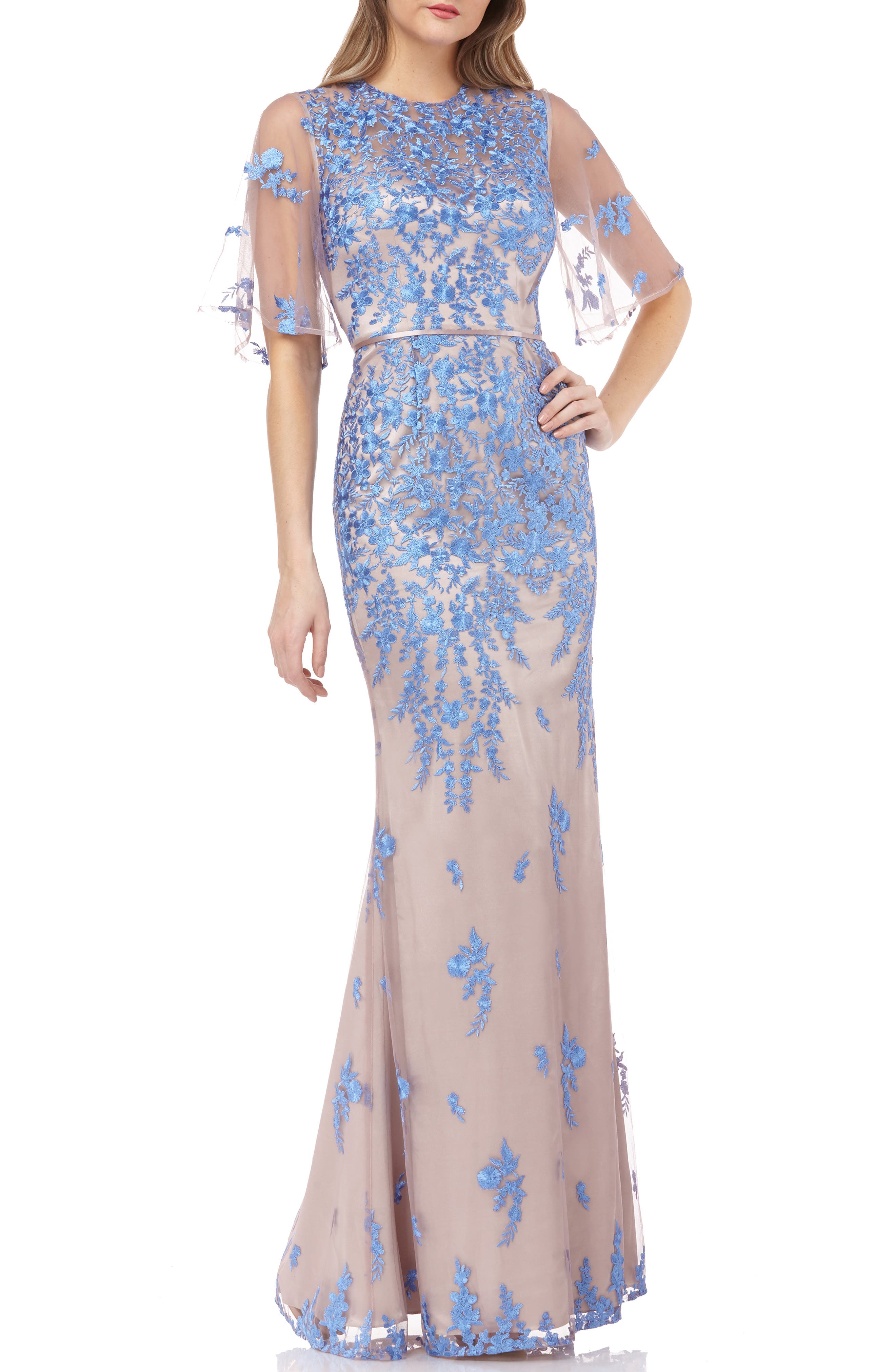 Js Collections Floral Embroidered Evening Dress, Blue