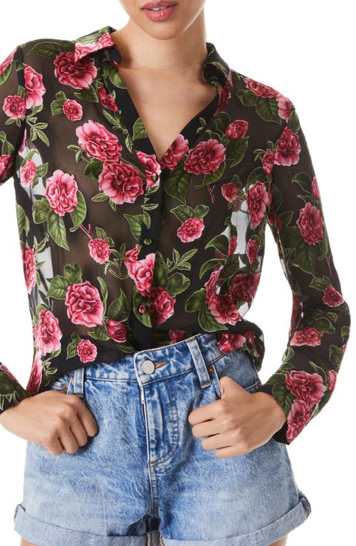 Alice + Olivia Eloise Floral Jacquard Sheer Button-Up Blouse in Cheri Floral