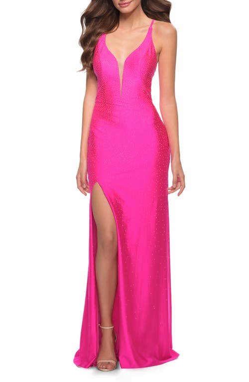 La Femme Rhinestone Plunge Neck Gown Neon Pink at Nordstrom,