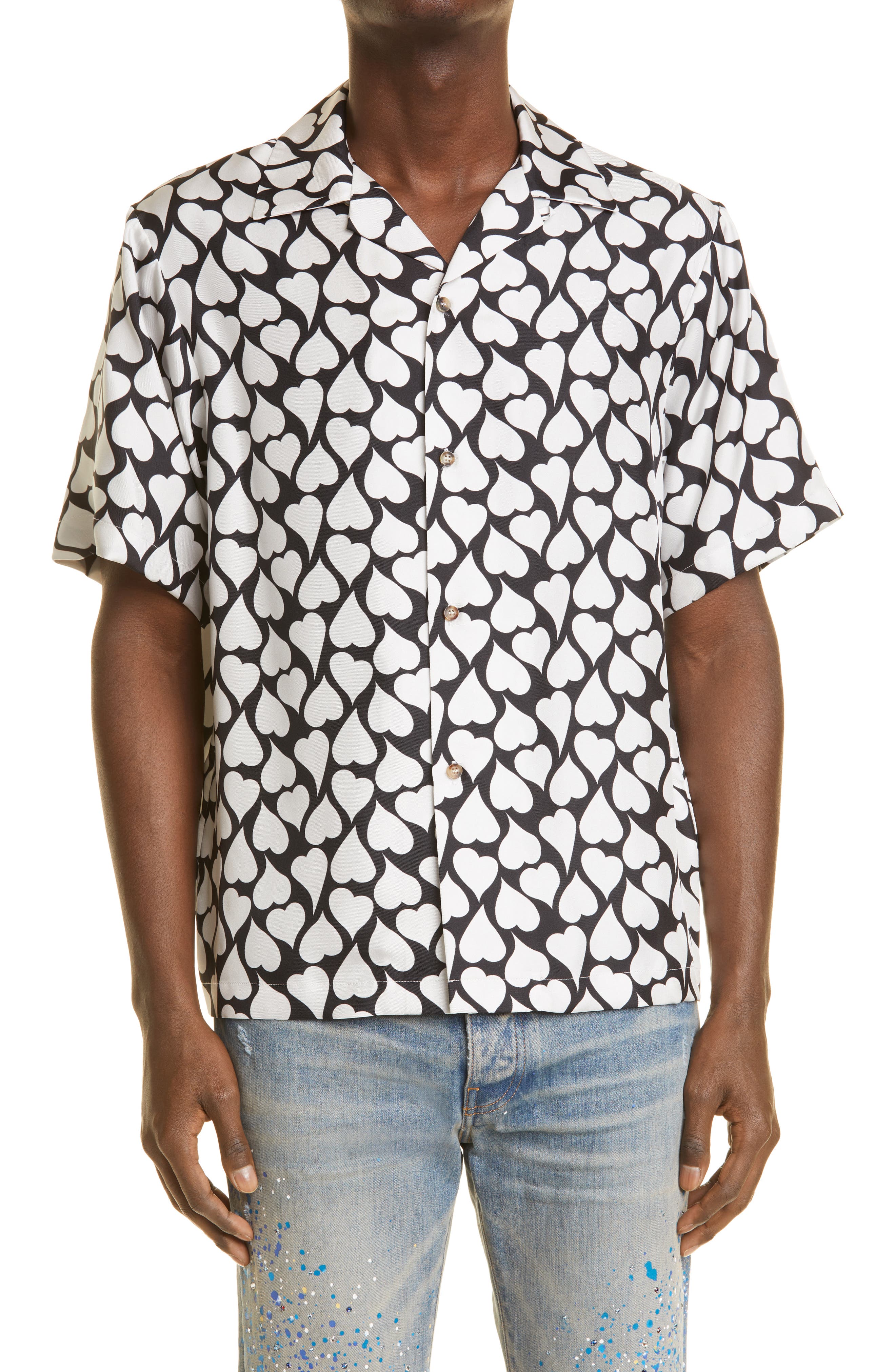 AMIRI Love Hearts Short Sleeve Silk Twill Button-Up Bowling Shirt in Black/Alabaster at Nordstrom, Size Small