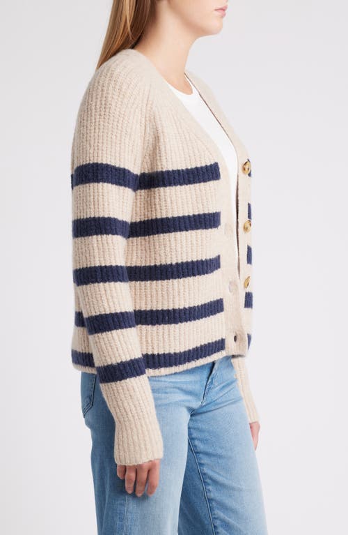 Shop Caslonr Caslon(r) Weekend Chenille Cardigan In Tan Doeskin- Navy Cleo Stripe