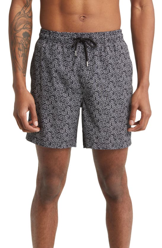 Shop Stone Rose Dice Print Swim Trunks In Black