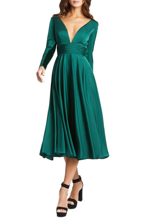 Mac Duggal Long Sleeve Plunge Neck Cocktail Midi Dress Emerald at Nordstrom,