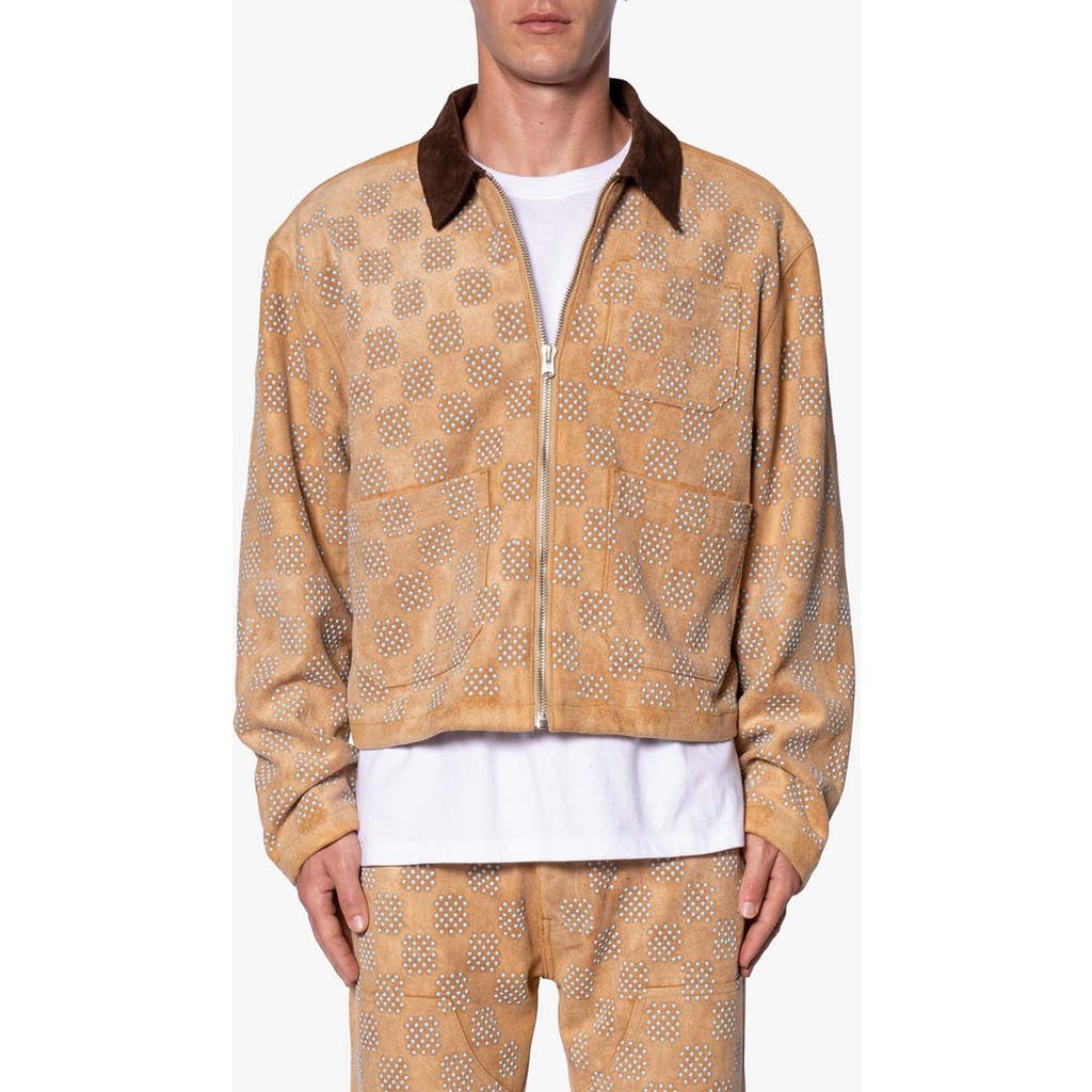 Mnml Studded Turquoise Checker Corduroy Collar Trucker Jacket In Tan