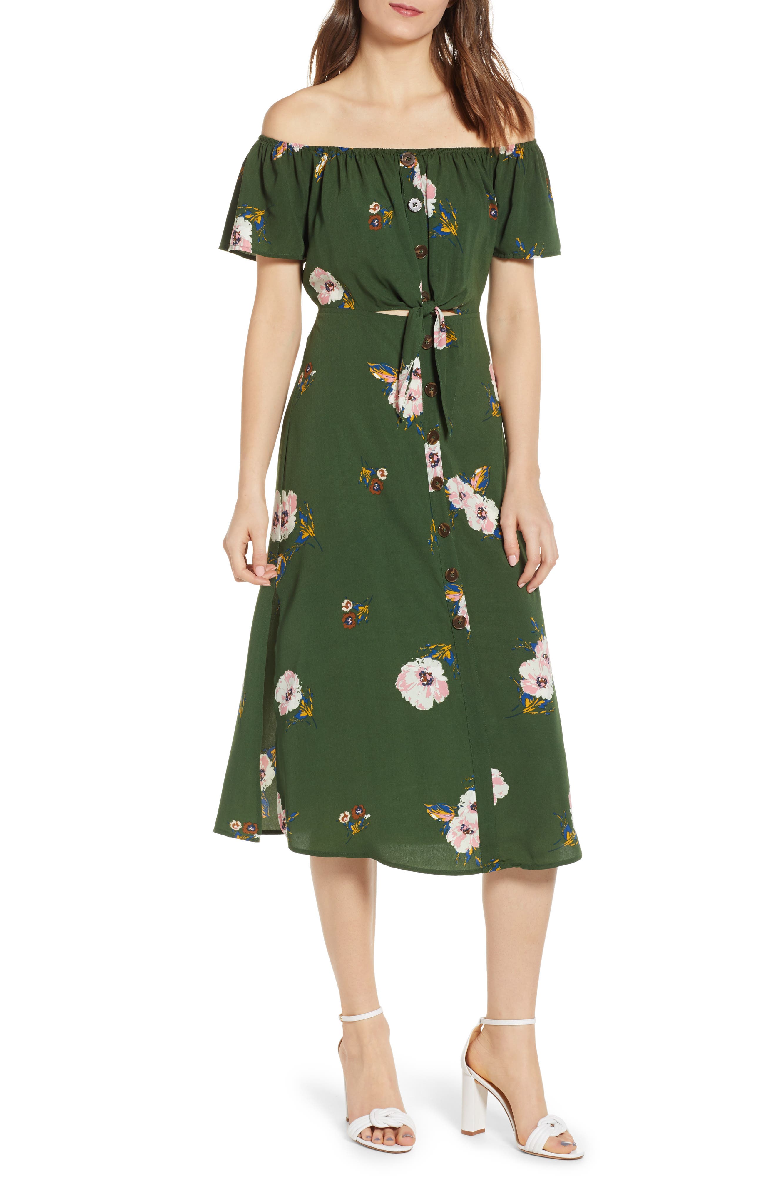 Row A Off The Shoulder Midi Dress, Green