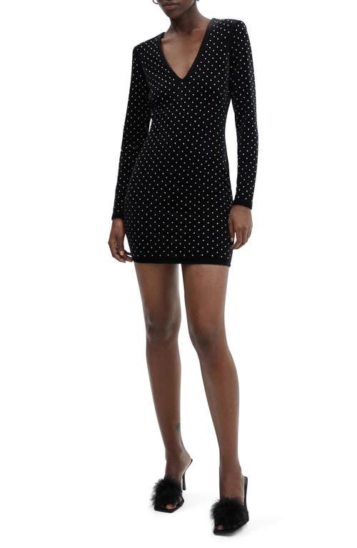 MANGO Rhinestone Long Sleeve Velvet Minidress Black at Nordstrom,