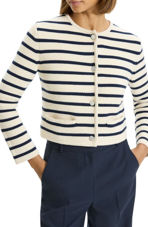 Theory Waverly Stripe Cotton Cardigan In Cream/bright Navy