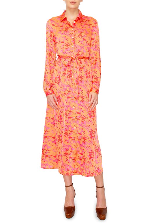 MELLODAY Floral Long Sleeve Tie Belt Satin Shirtdress Pink/Coral at Nordstrom,