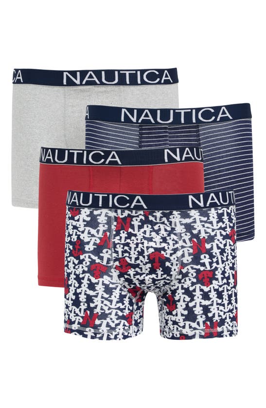 Nautica Men's Cotton Stretch 4 Pack Boxer Brief, Black/Tawny Port/Ensign  Blue/Lobster Print
