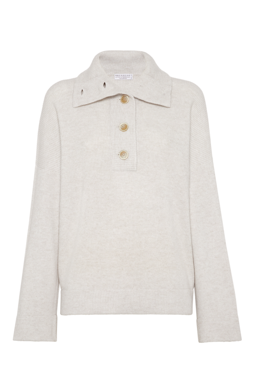 Shop Brunello Cucinelli Cashmere English Rib Polo-style Sweater With Monili In Pearl Grey