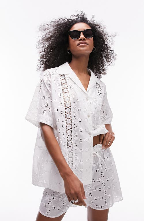 Topshop Eyelet Lace Inset Cotton Cover-Up Shirt White at Nordstrom,