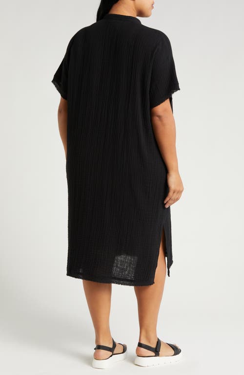 Shop Eileen Fisher Mandarin Collar Organic Cotton Midi Shirtdress In Black