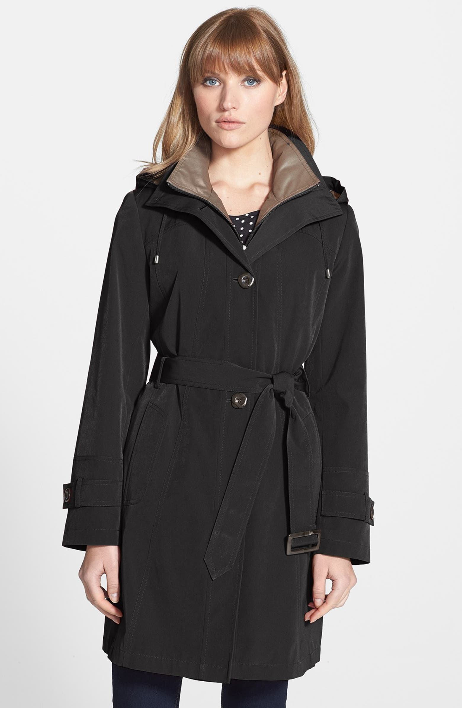 Gallery Two-Tone Belted Walking Coat with Detachable Hood (Regular & Petite) (Online Only 