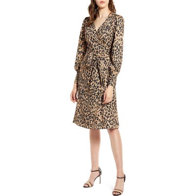 Halogen Long Sleeve Wrap Dress, Brown