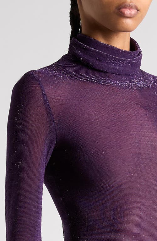 Shop Tom Ford Metallic Sheer Long Sleeve Turtleneck Silk Blend Dress In Violet Indigo