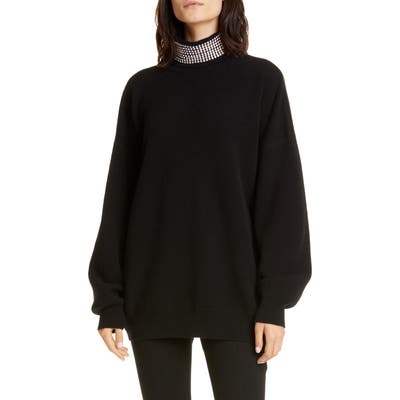 Alexander Wang Crystal Neck Wool Blend Sweater, Black