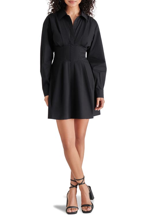 Steve Madden Aria Corset Waist Long Sleeve Mini Shirtdress Black at Nordstrom,