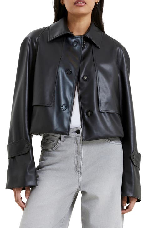 French connection women's asymmetrical hem shop coat with faux leather contrast