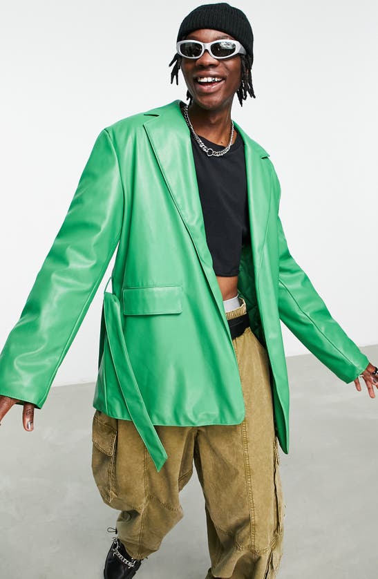 Asos Design Belted Faux Leather Blazer In Green In Mid Green