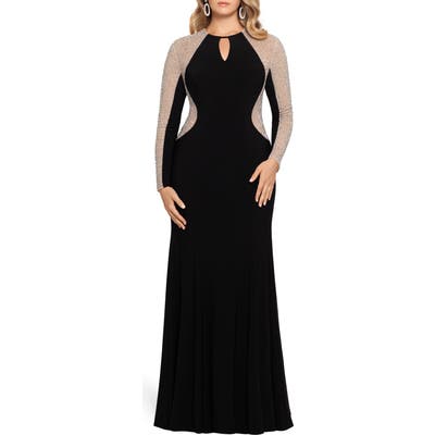 Plus Size Xscape Caviar Beading Long Sleeve Keyhole Gown, Black