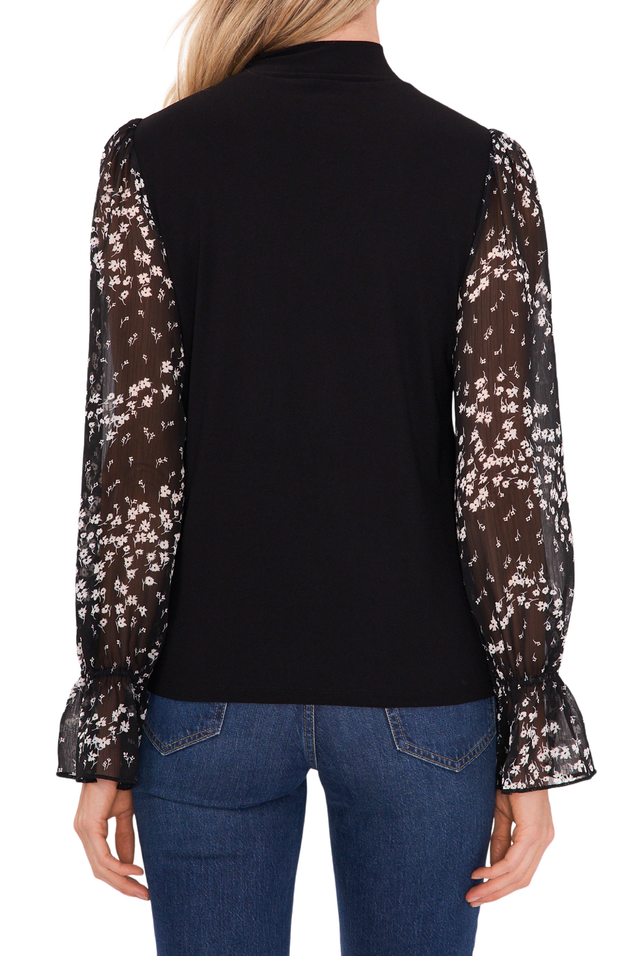 CeCe Mock Neck Contrast Sleeve Blouse 