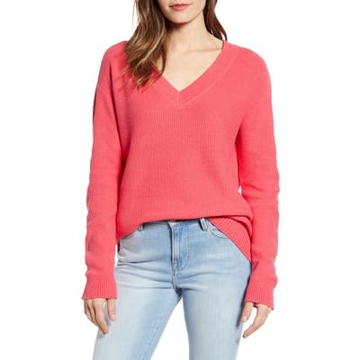 Caslon V-Neck Cotton Pique Sweater, Red