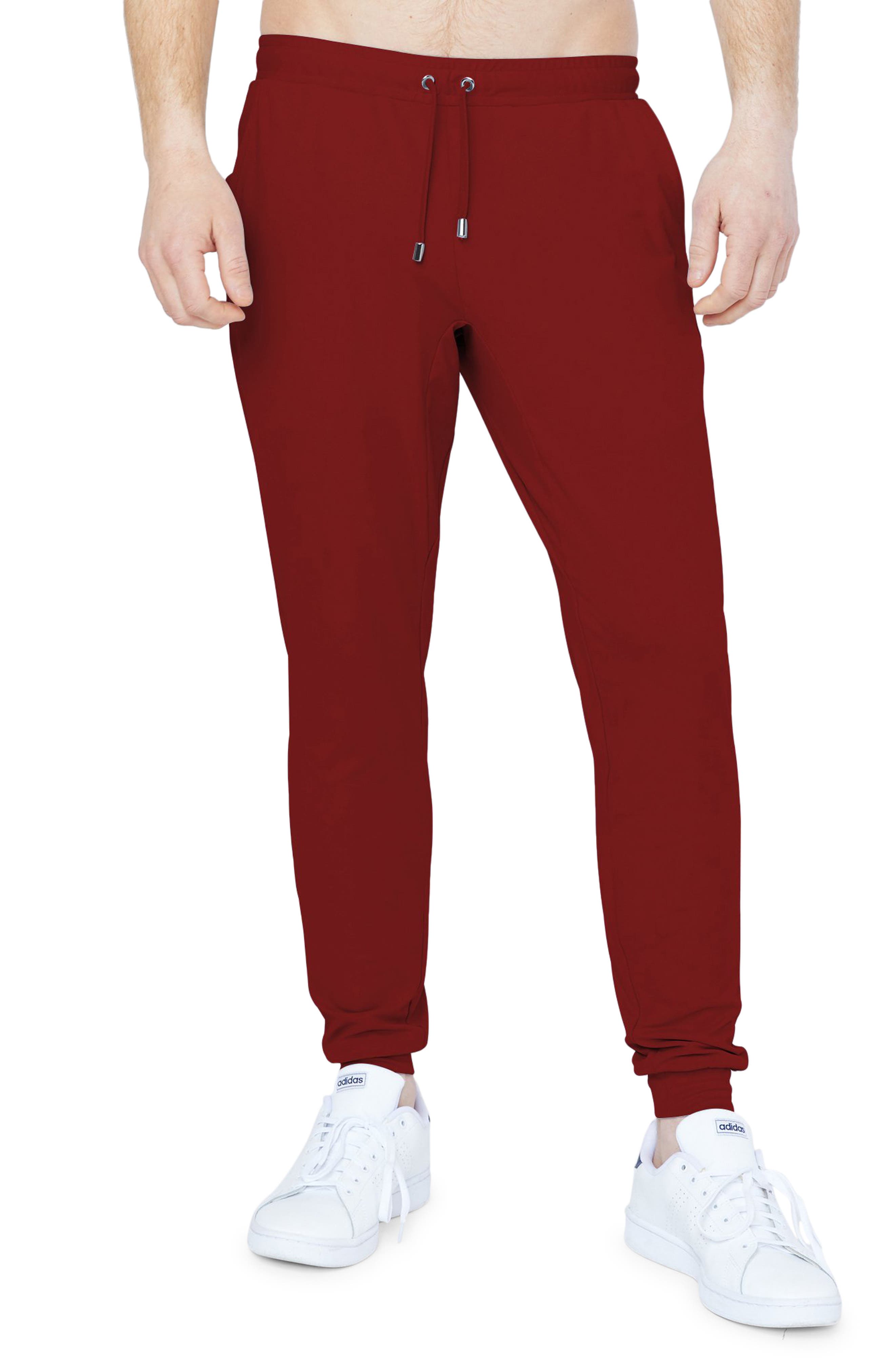 red joggers outfit men