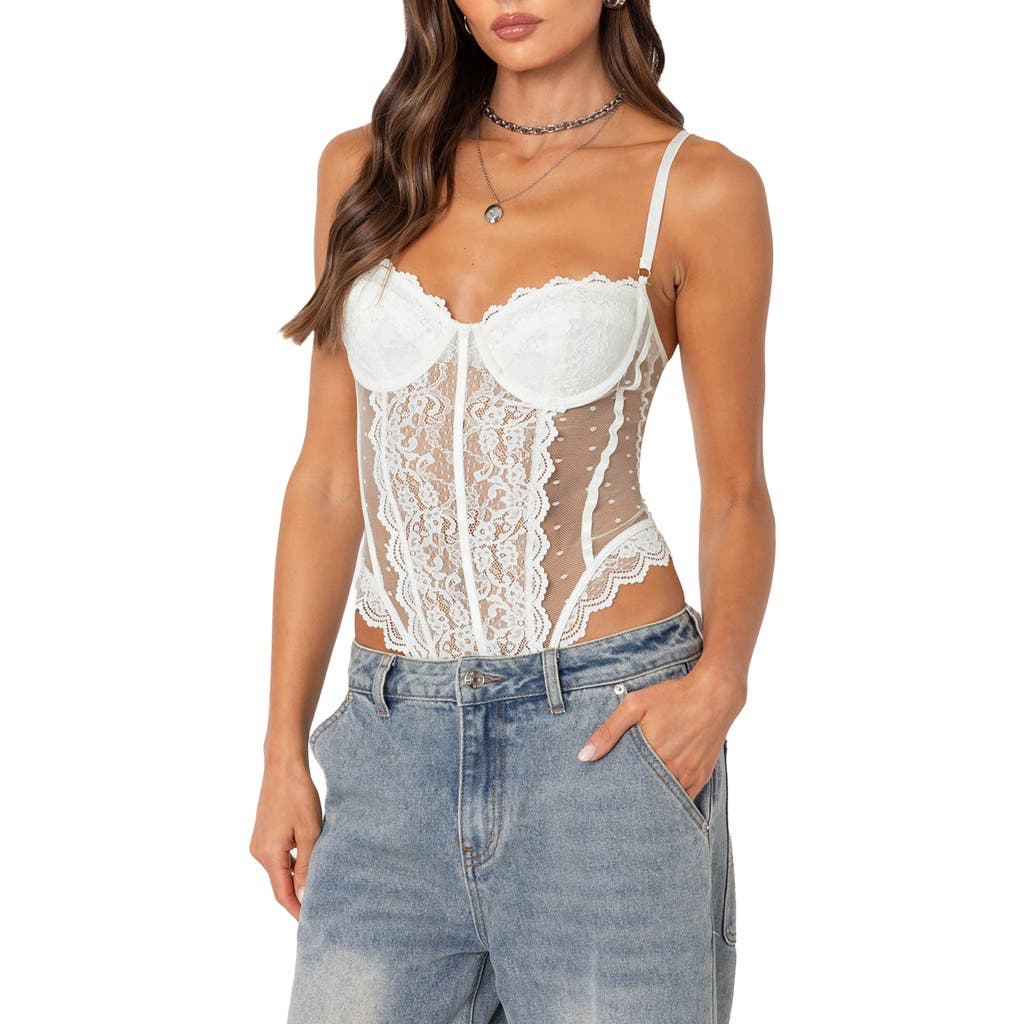 Shop Edikted Cabaret Lace Bodysuit In White