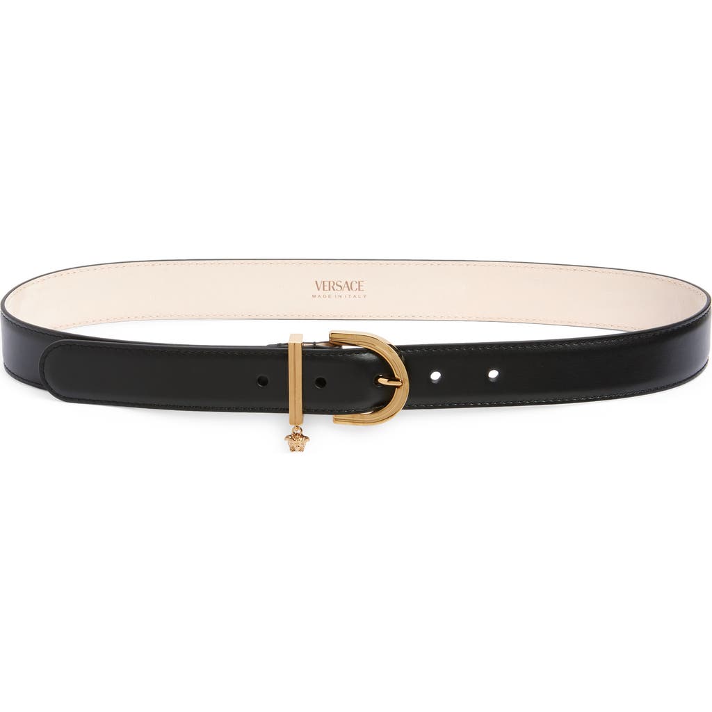 Versace Medusa Charm Leather Belt In Black- Gold