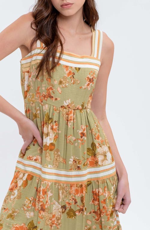 August Sky Sleeveless Tiered Midi Dress In Olive Multi
