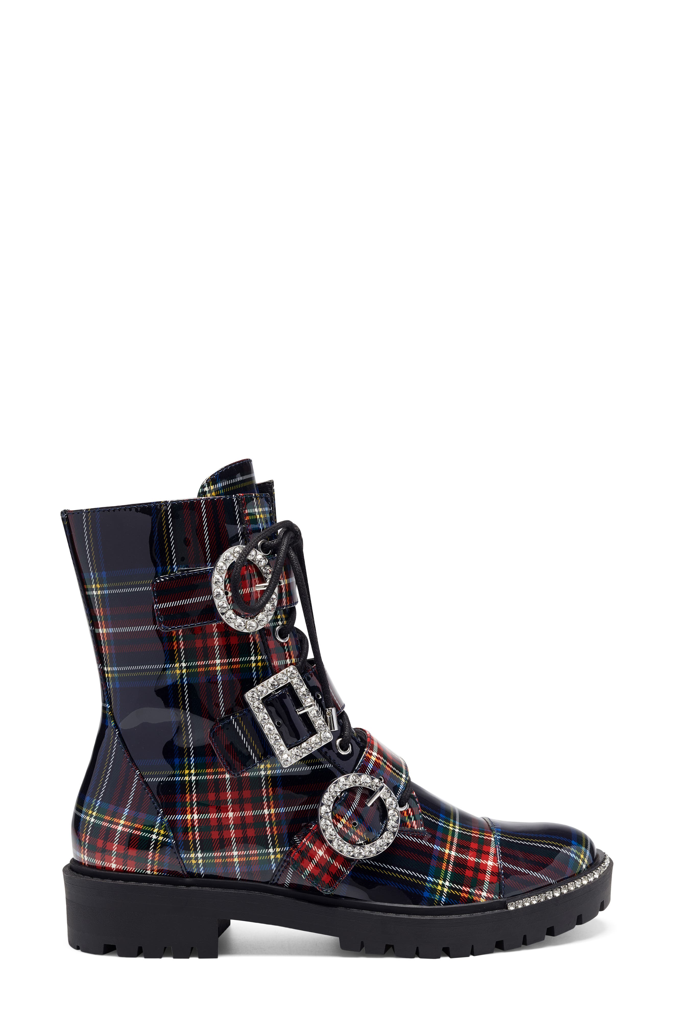 kirlah boot in patent plaid